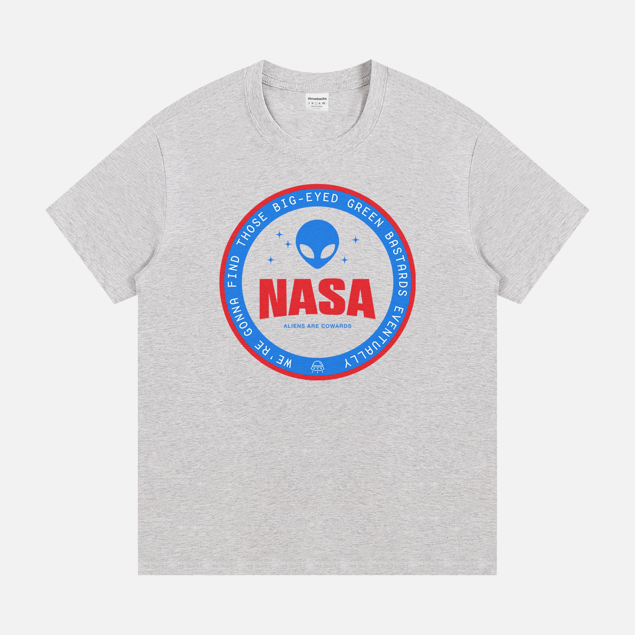 Unisex grey NASA t-shirt,  funny red and blue alien logo badge graphic tee shirt for NASA space nerds for sale at Throwbacks