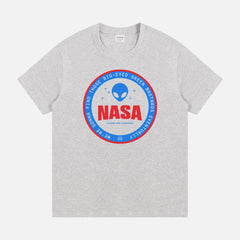 Unisex grey NASA t-shirt,  funny red and blue alien logo badge graphic tee shirt for NASA space nerds for sale at Throwbacks