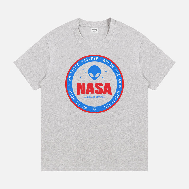 Unisex grey NASA t-shirt,  funny red and blue alien logo badge graphic tee shirt for NASA space nerds for sale at Throwbacks