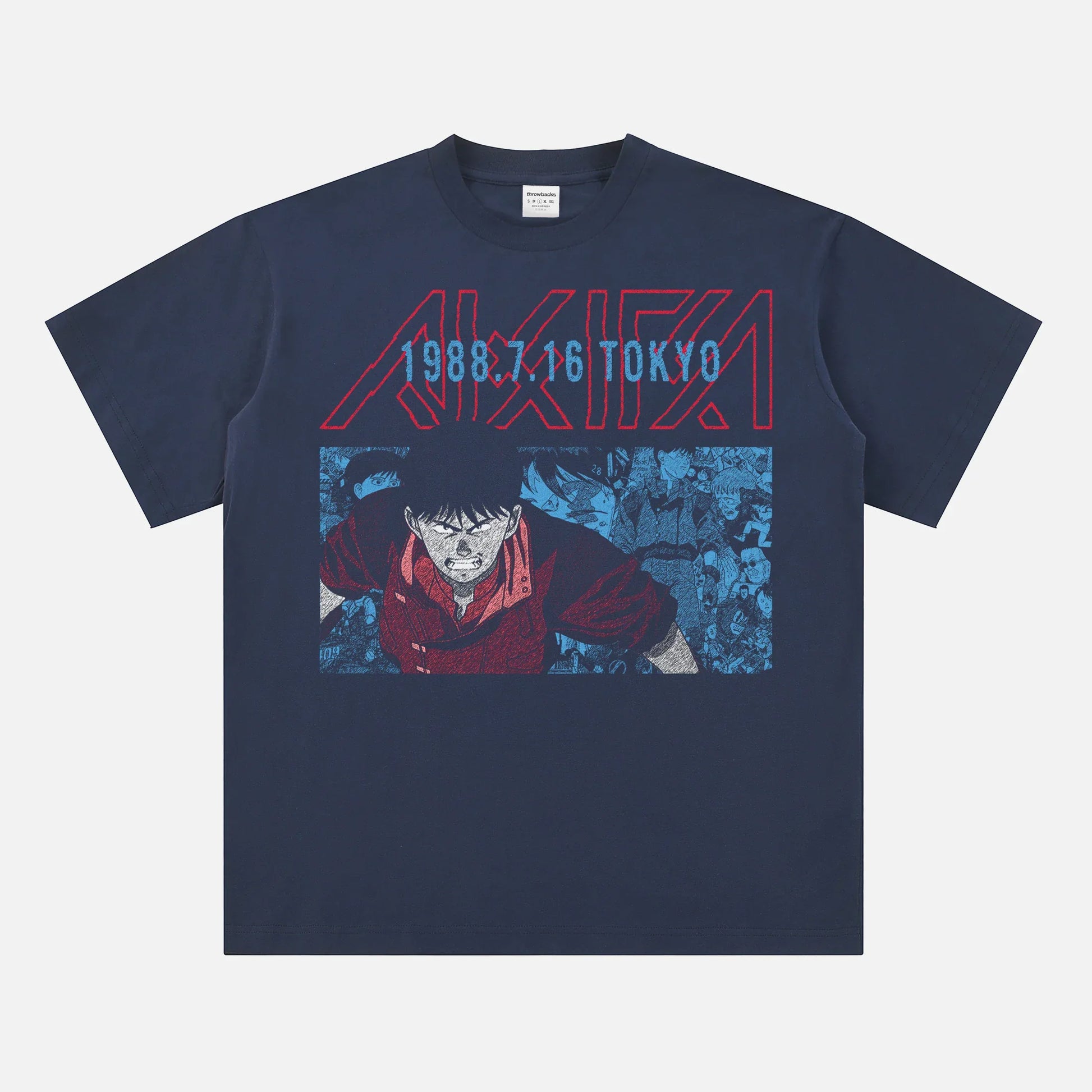 Modern 80s manga anime t-shirt with Neo-Tokyo Akira graphic on a solid navy t-shirt