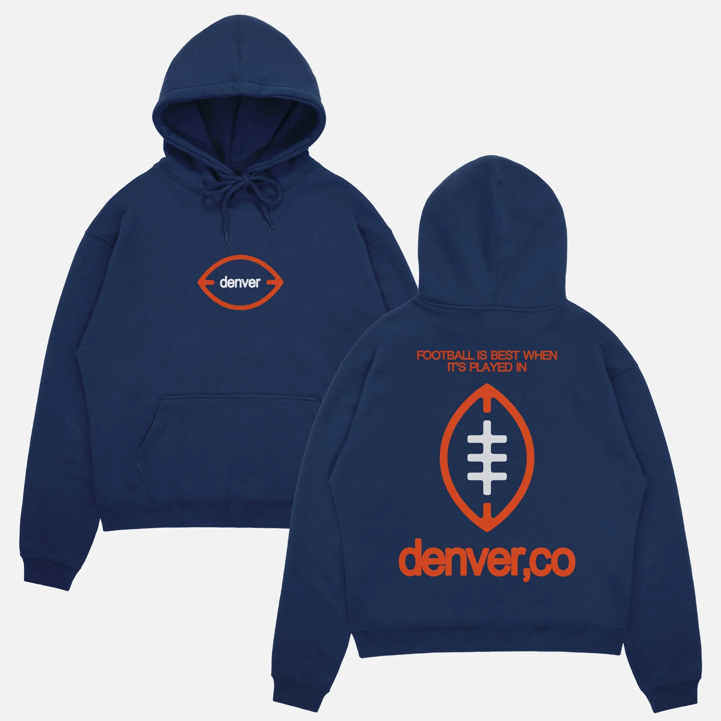 Vintage Denver Broncos football hoodie, streetwear navy hooded sweatshirt with oversized front and back print