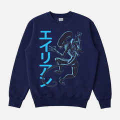 Retro 1979 Alien movie sweatshirt with oversized japanese movie poster text and xenomorph graphic on a navy heavyweight crewnek