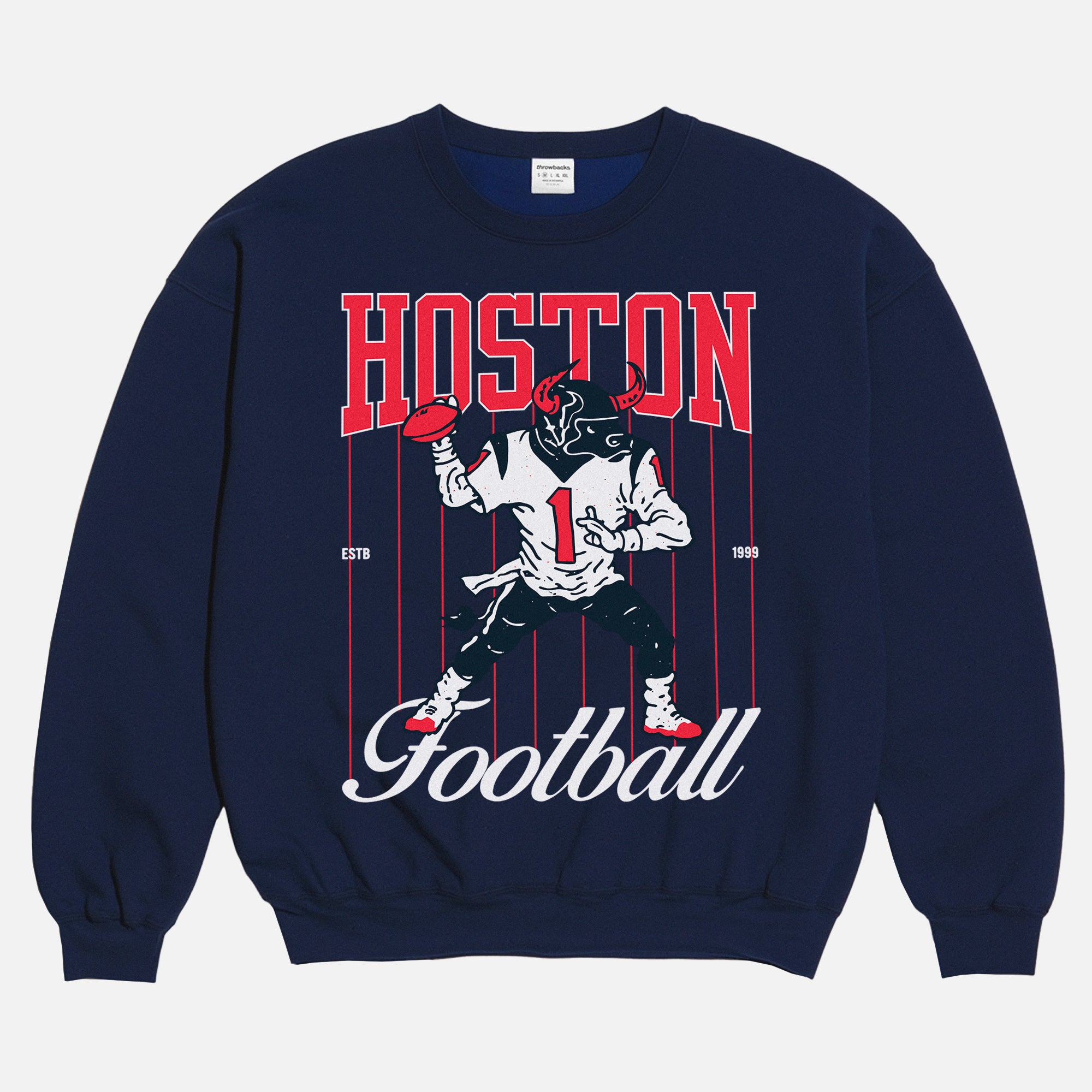 Cute throwback Houston Texans NFL mascot pinstripes crewneck sweatshirt
