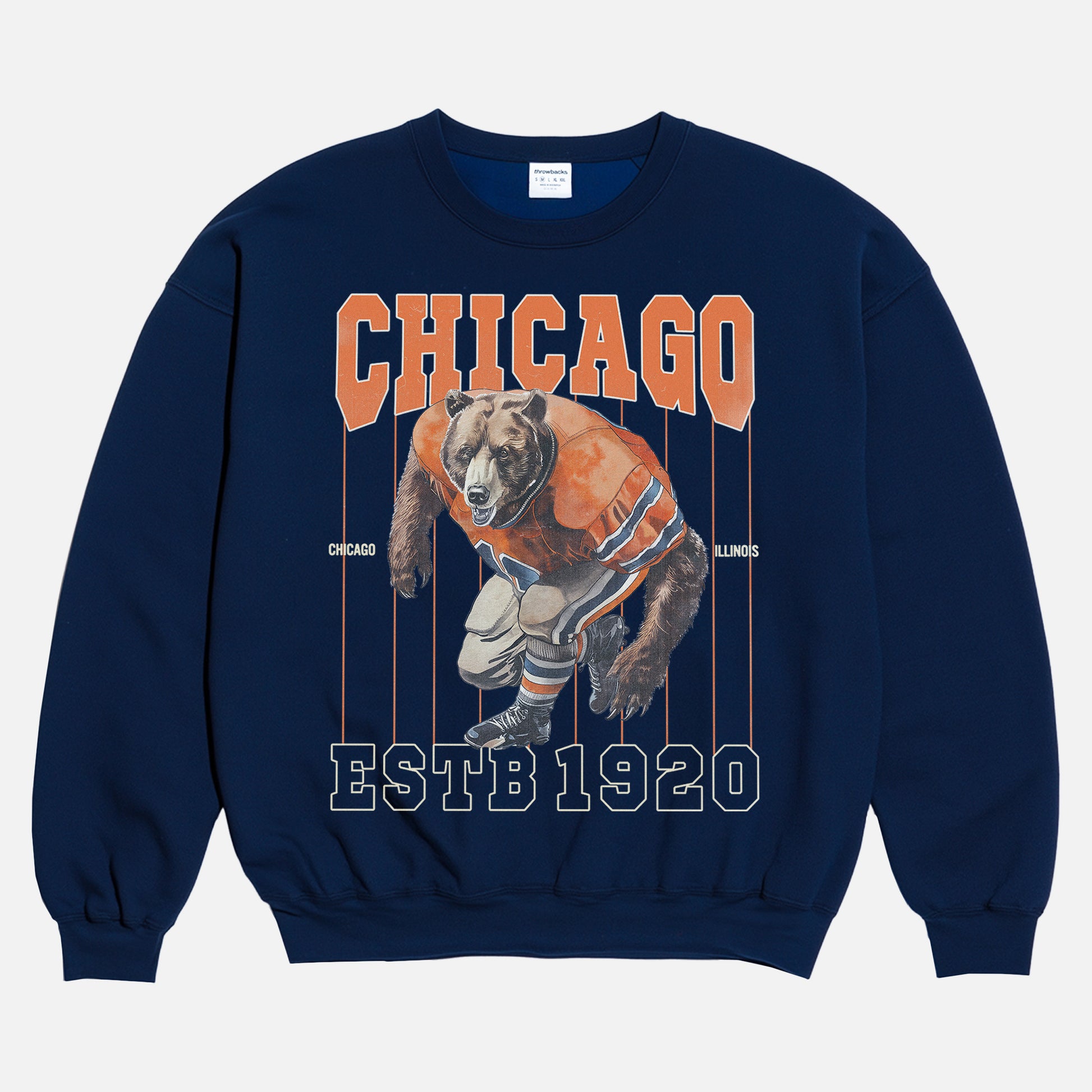 Retro heavyweight navy and orange vintage Chicago Bears heavyweight football fan crewneck sweatshirt