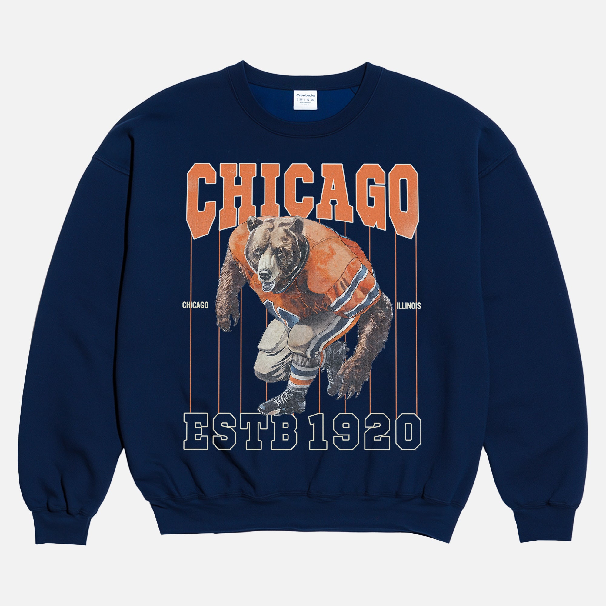Retro heavyweight navy and orange vintage Chicago Bears heavyweight football fan crewneck sweatshirt