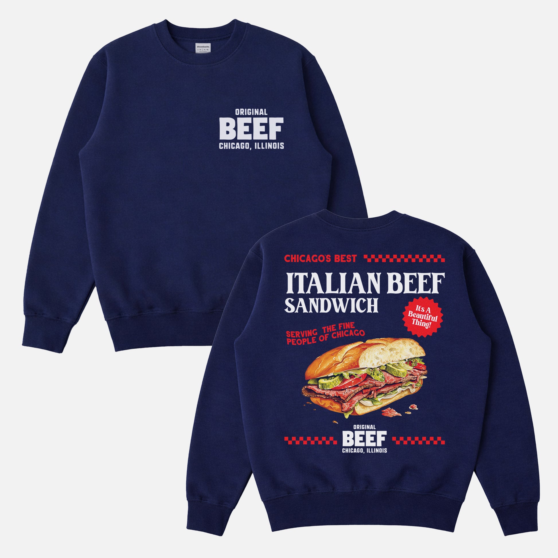 The Bear TV Show sweatshirt with The Original Beef of Chicagoland logo on the front and an oversized retro Italian beef sandwich ad graphic on the back of a navy unisex sweater for sale at Throwbacks