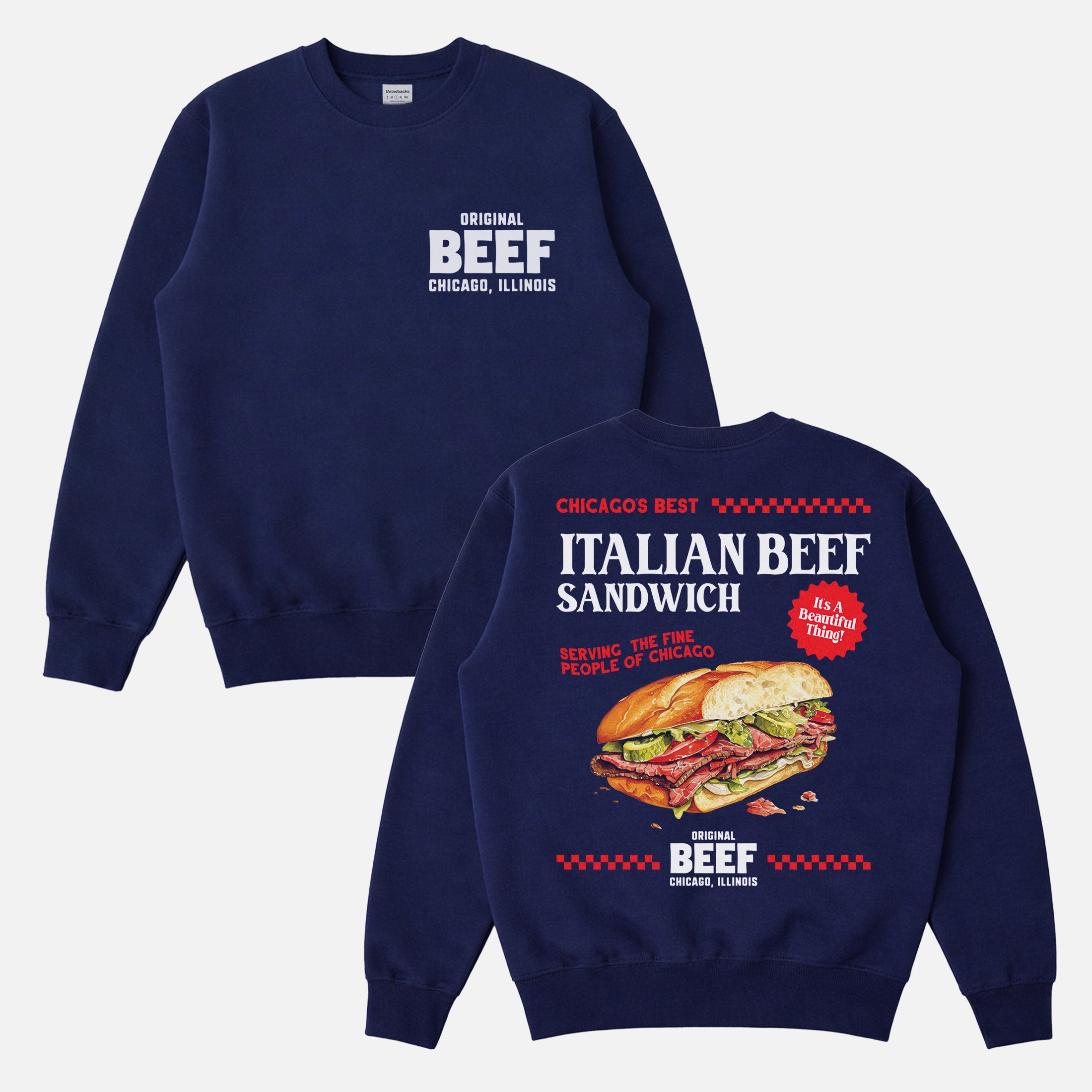 The Bear TV Show sweatshirt with The Original Beef of Chicagoland logo on the front and an oversized retro Italian beef sandwich ad graphic on the back of a navy unisex sweater for sale at Throwbacks