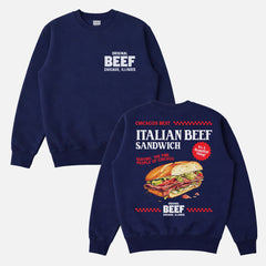 The Bear TV Show sweatshirt with The Original Beef of Chicagoland logo on the front and an oversized retro Italian beef sandwich ad graphic on the back of a navy unisex sweater for sale at Throwbacks