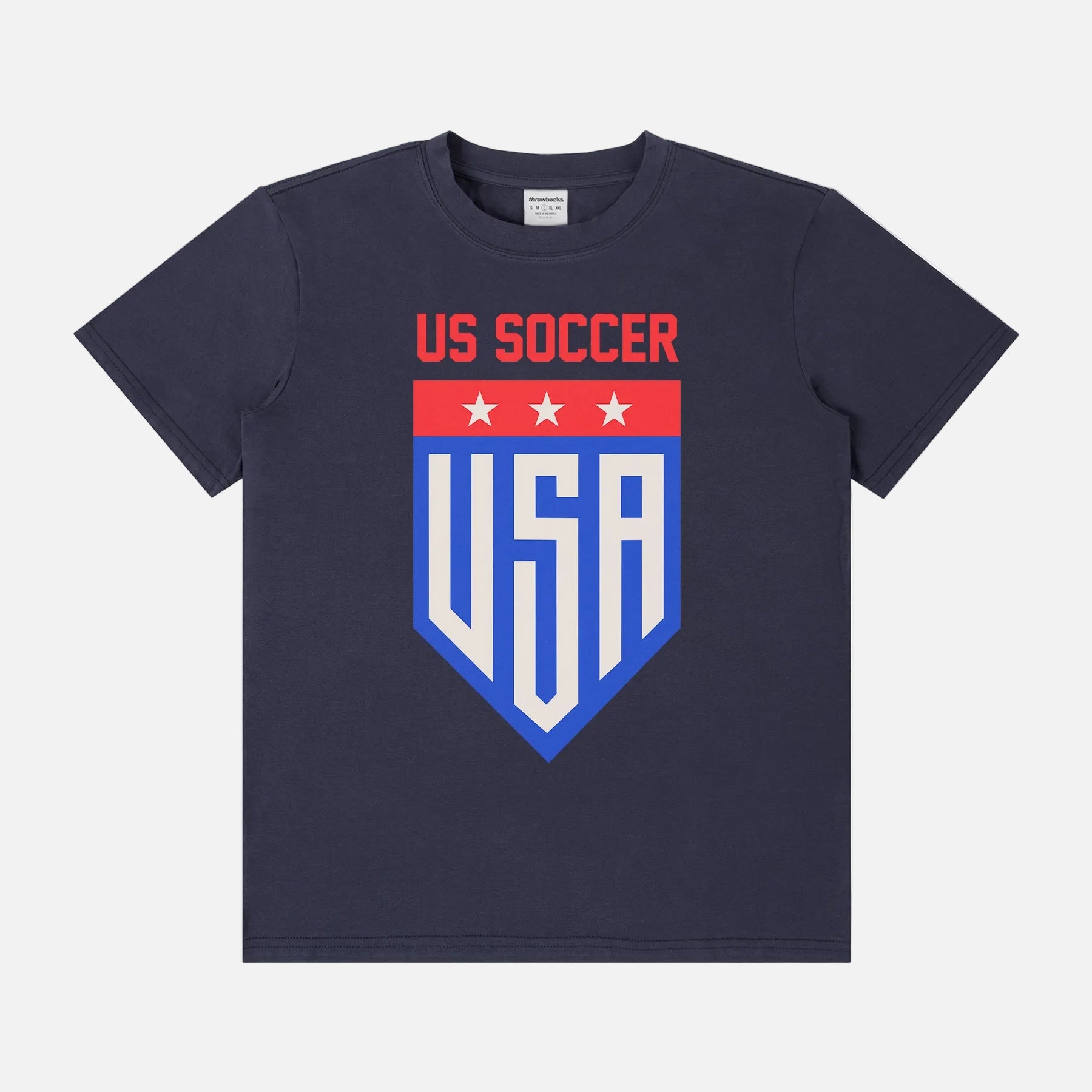  USMNT USWNT soccer team graphic t-shirt for world cup fans with cool modern retro USA soccer team badge logo on a unisex navy cotton tee