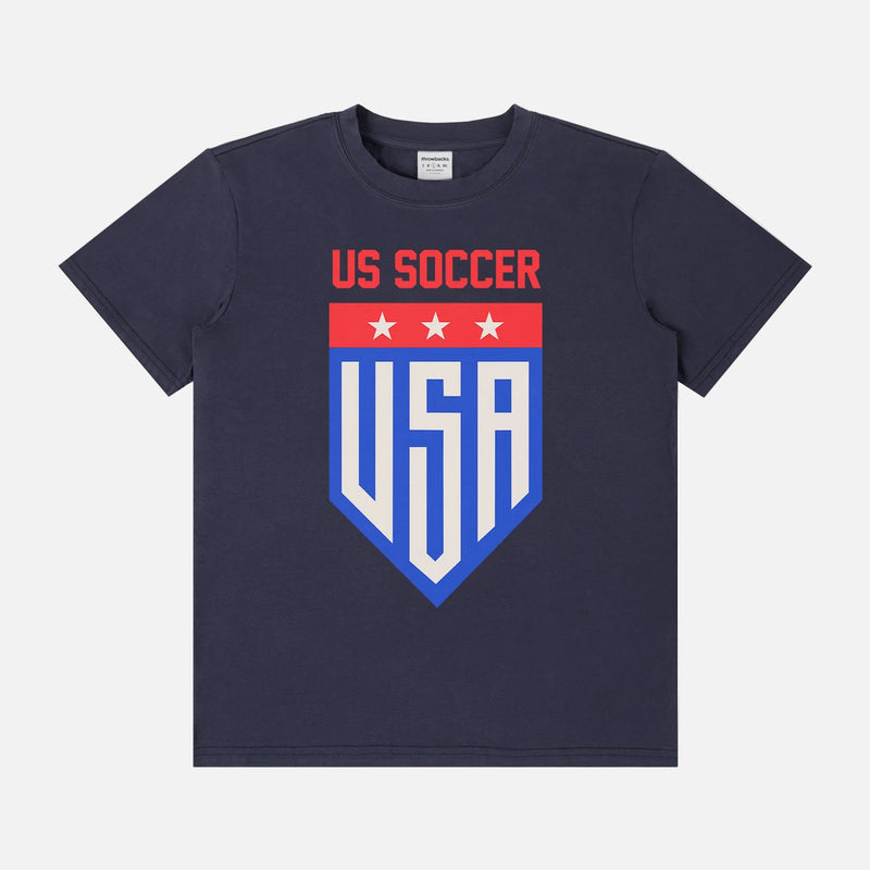  USMNT USWNT soccer team graphic t-shirt for world cup fans with cool modern retro USA soccer team badge logo on a unisex navy cotton tee