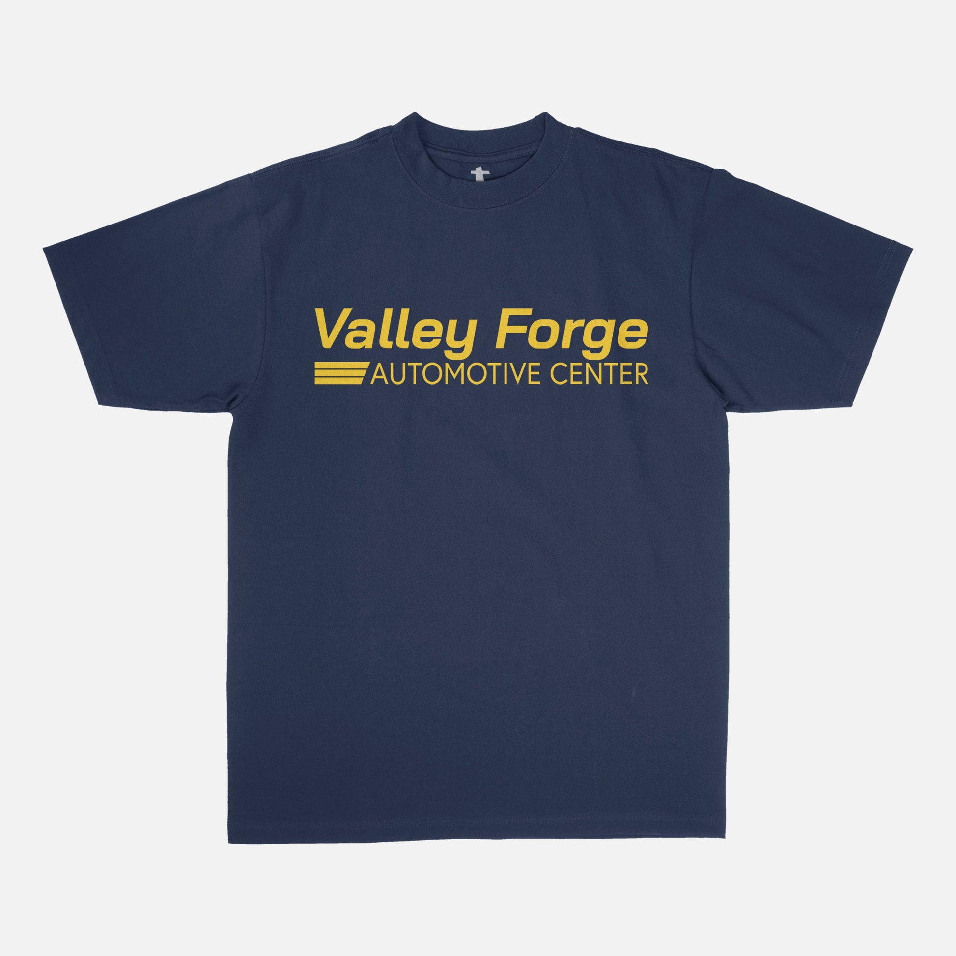 Valley Forge Automotive Center Logo T-Shirt navy with yellow graphic for Shane Gillis Tires TV Show fans