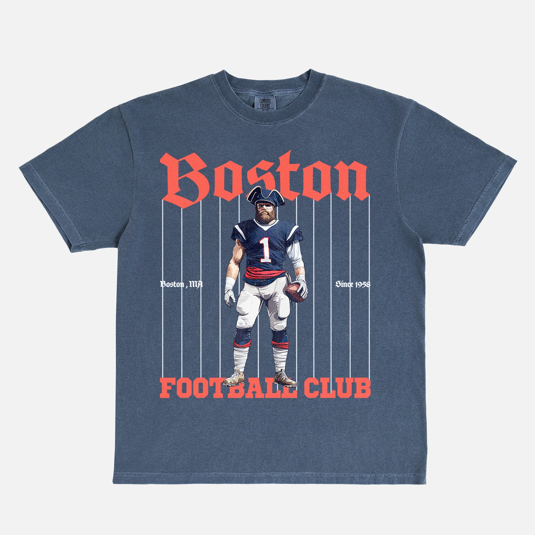 Retro vintage Boston New England Patriots football t-shirt with mascot pinstripes graphic on a unsiex comfort colors graphic tee