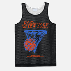 New York Knicks retro reversible basketball jersey with orange and blue streetwear graphic on a bball training practice jersey pinnie