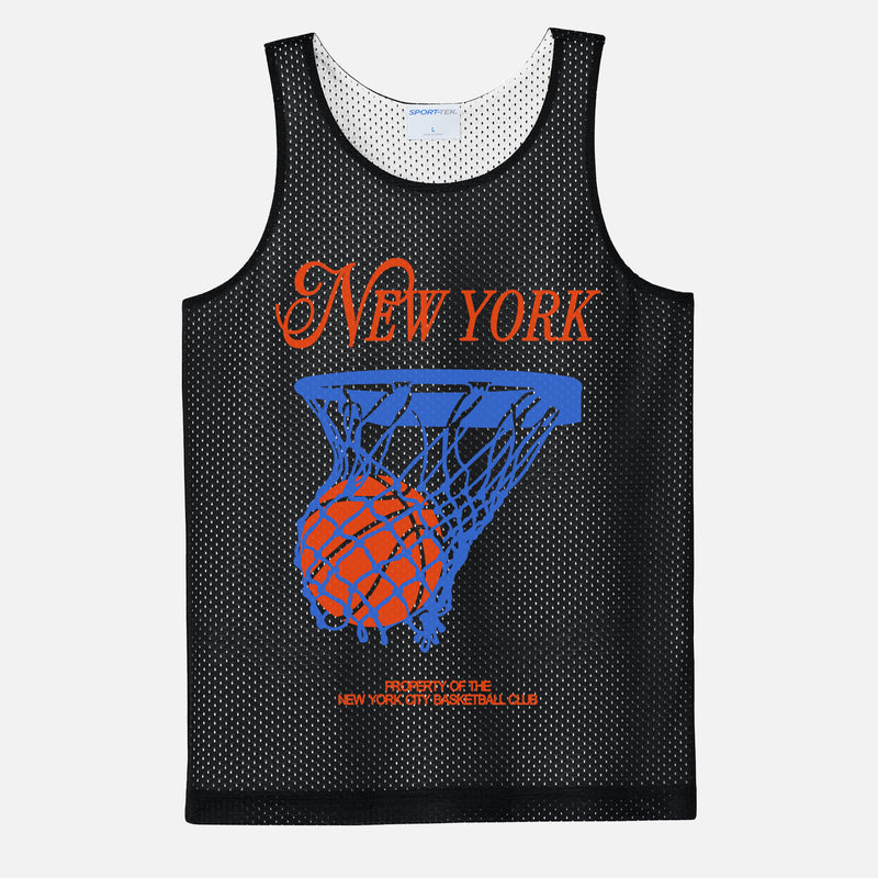 New York Knicks retro reversible basketball jersey with orange and blue streetwear graphic on a bball training practice jersey pinnie