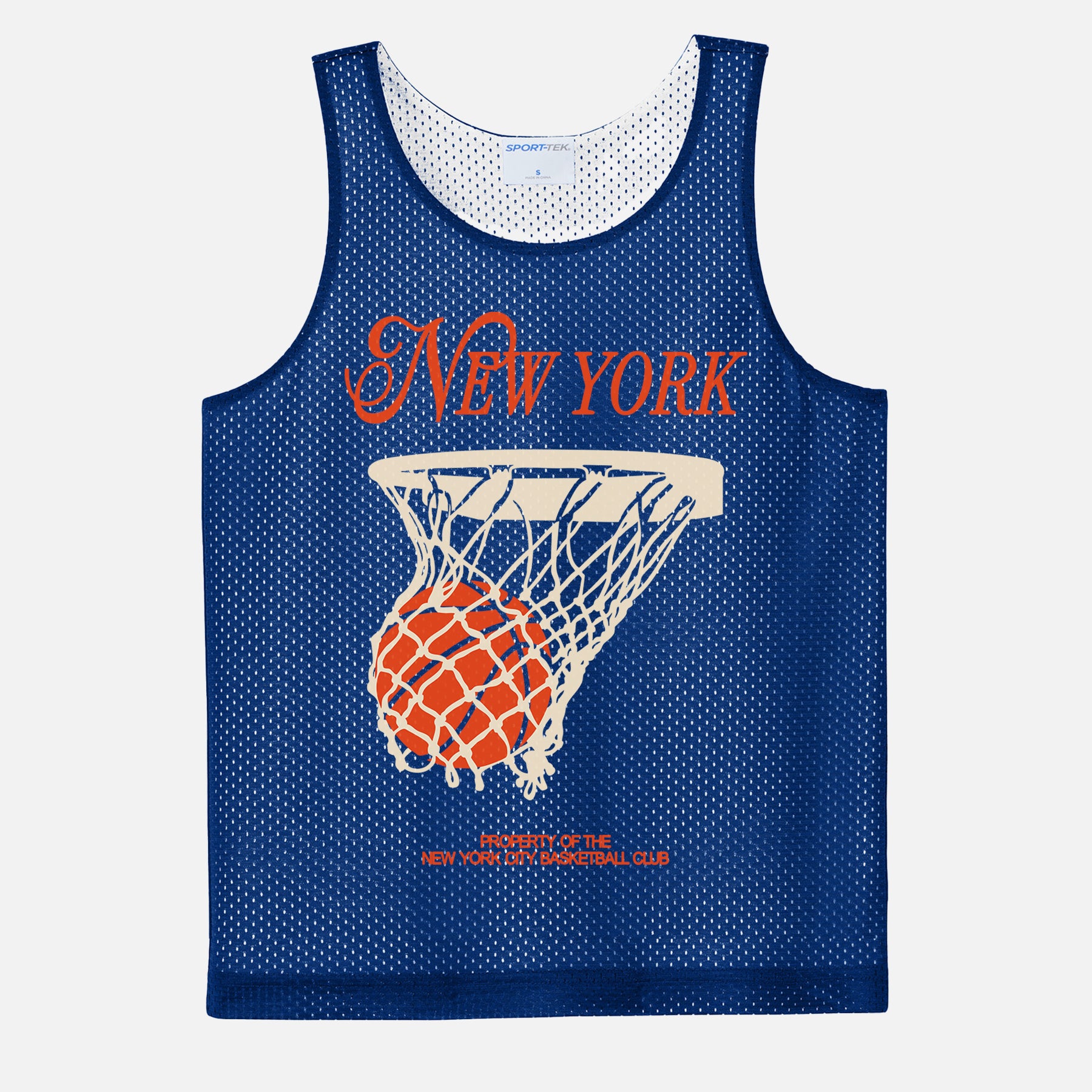 New York Knicks retro reversible basketball jersey with orange and blue streetwear graphic on a bball training practice jersey pinnie