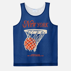 New York Knicks retro reversible basketball jersey with orange and blue streetwear graphic on a bball training practice jersey pinnie