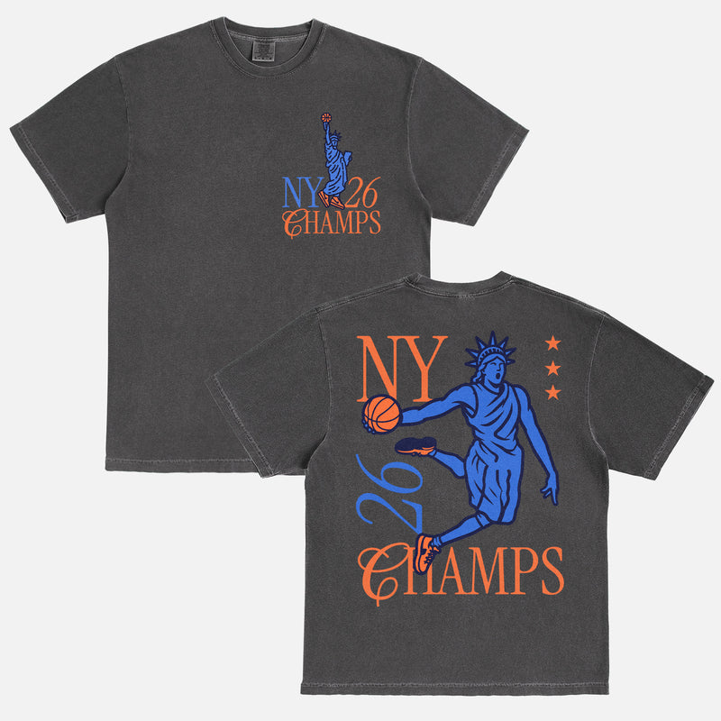 New York Knicks 2026 NBA Championship Graphic t-shirt with statue of liberty dunking on washed black comfort colors tee