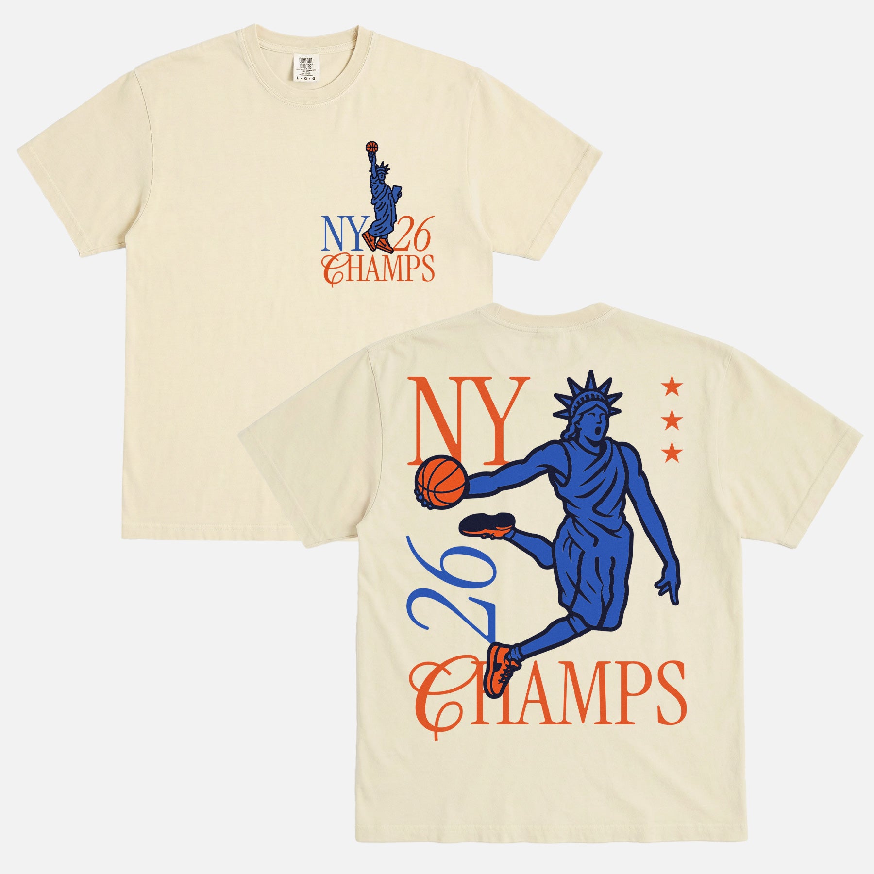 New York Knicks 2026 NBA Championship Graphic t-shirt with statue of liberty dunking on off white comfort colors tee