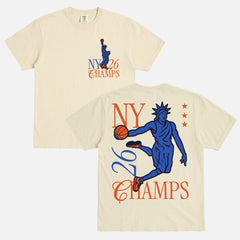 New York Knicks 2026 NBA Championship Graphic t-shirt with statue of liberty dunking on off white comfort colors tee