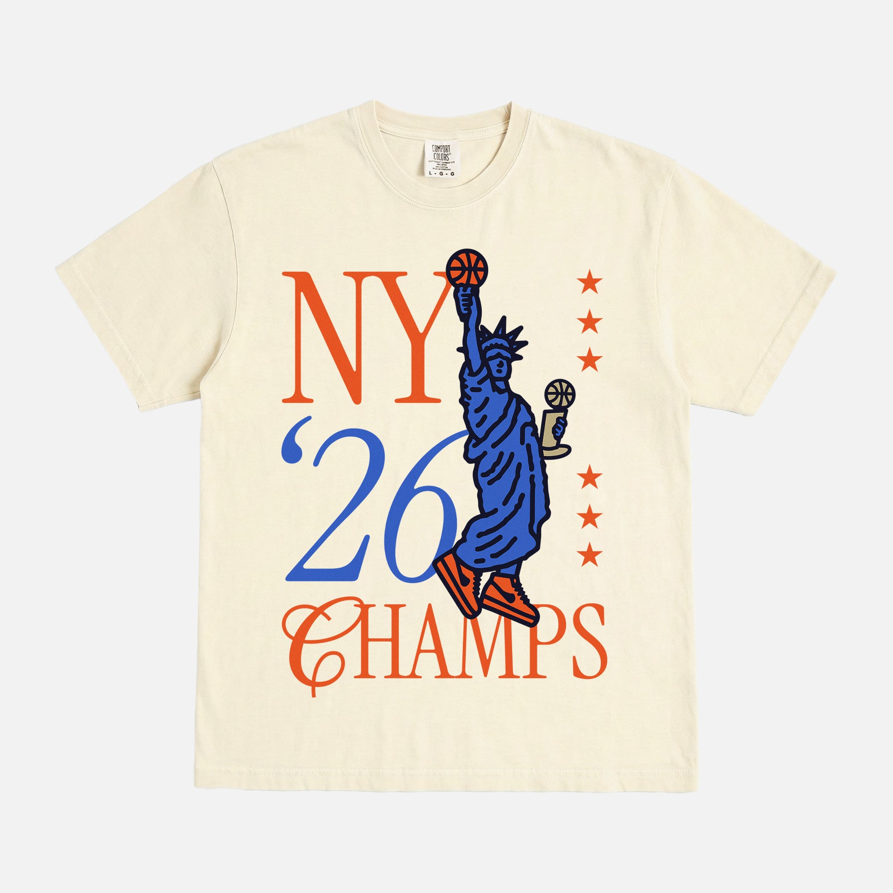 New York Knicks 2026 NBA Champs streetwear graphic tee with statue of liberty trophy on an off white comfort colors t-shirt