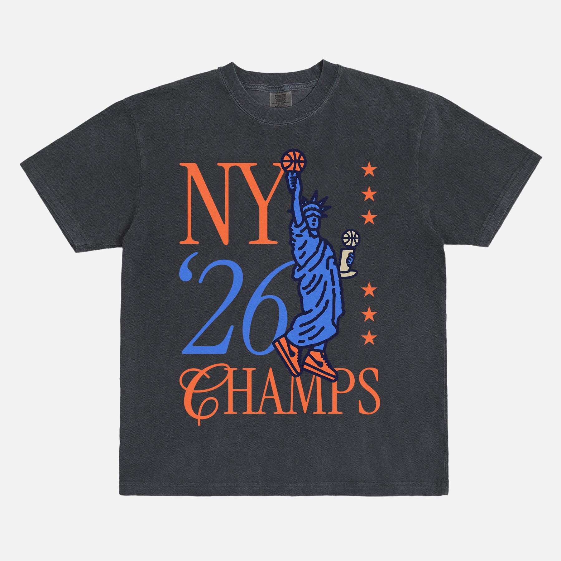 New York Knicks 2026 NBA Champs streetwear graphic tee with statue of liberty trophy on an faded black comfort colors t-shirt