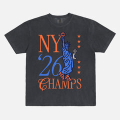New York Knicks 2026 NBA Champs streetwear graphic tee with statue of liberty trophy on an faded black comfort colors t-shirt