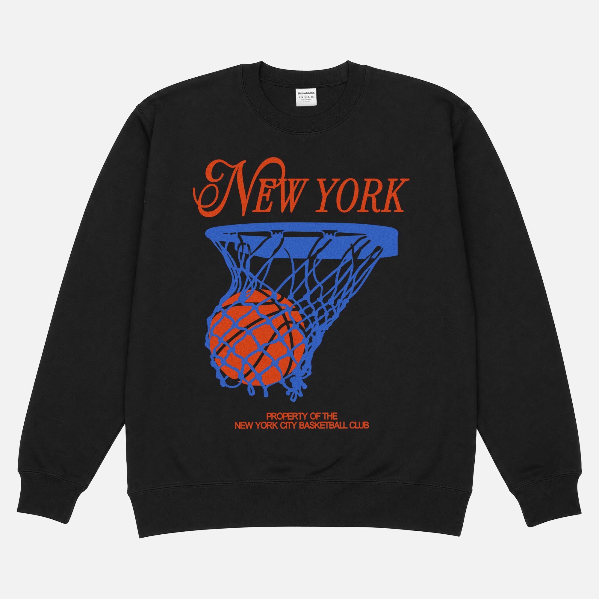 Cool New York Knicks basketball sweatshirt with vintage orange and royal blue streetwear graphic on a unisex premium black crewneck