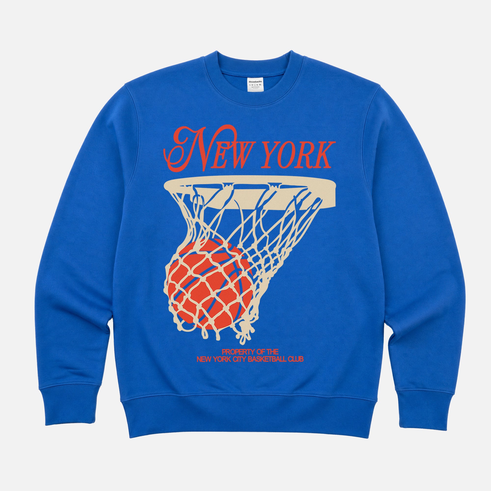 Cool New York Knicks basketball sweatshirt with vintage orange and royal blue streetwear graphic on a unisex premium crewneck