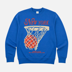 Cool New York Knicks basketball sweatshirt with vintage orange and royal blue streetwear graphic on a unisex premium crewneck