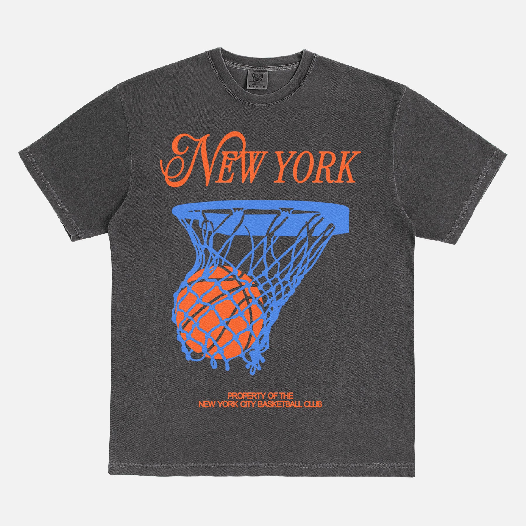 Off white New York Knicks t-shirt with retro orange and royal blue streetwear art and retro jersey lettering on a faded black unisex comfort colors graphic tee