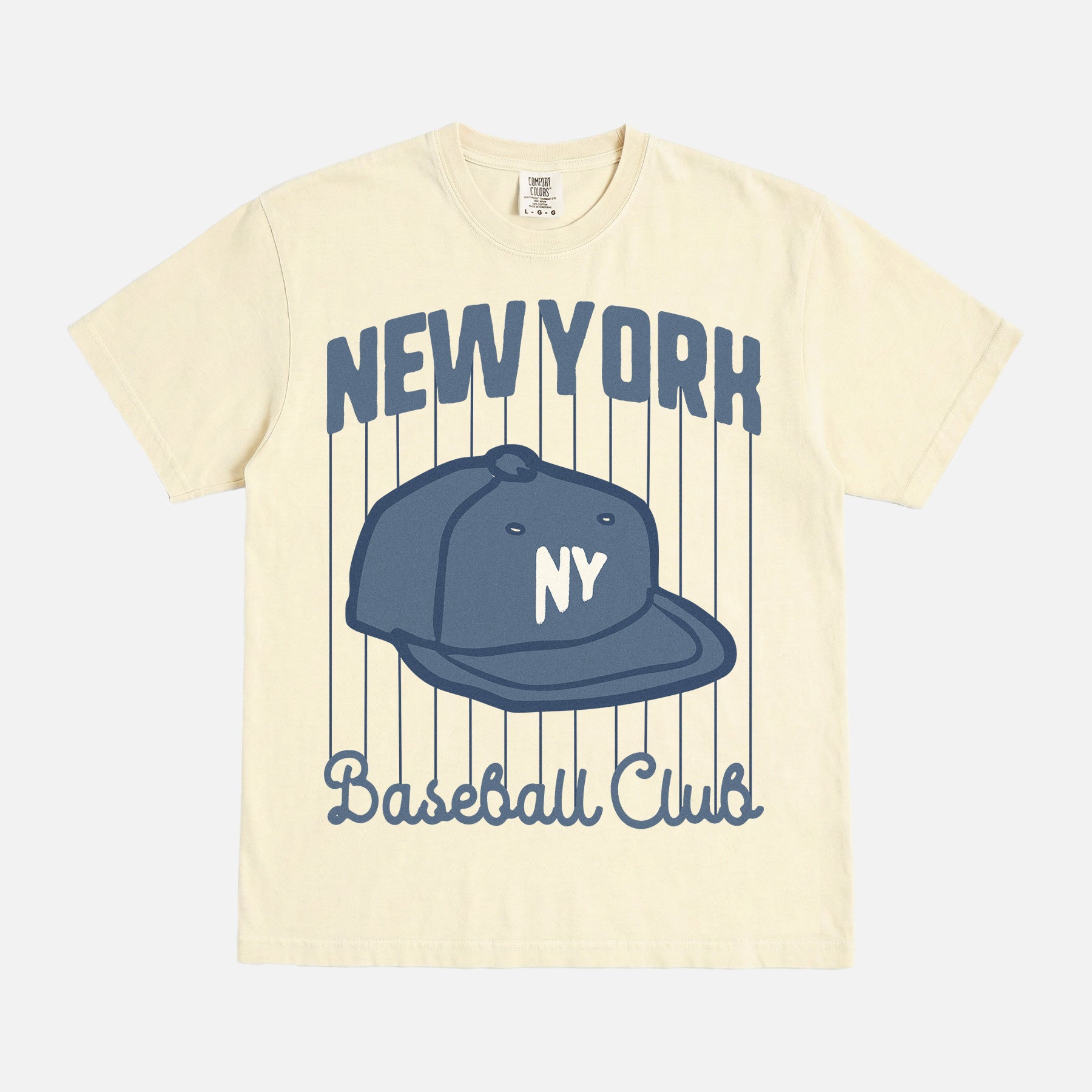 Vintage New York Yankees pinstripes t-shirt with NY baseball hat on a off white graphic tee for men and women