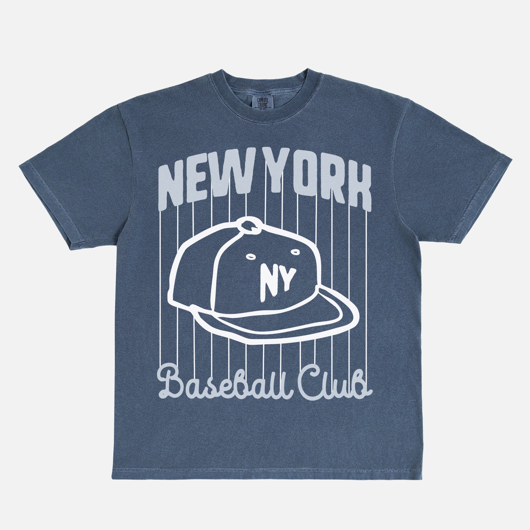Vintage New York Yankees pinstripes t-shirt with NY baseball hat on washed navy comfort colors graphic tee for men and women