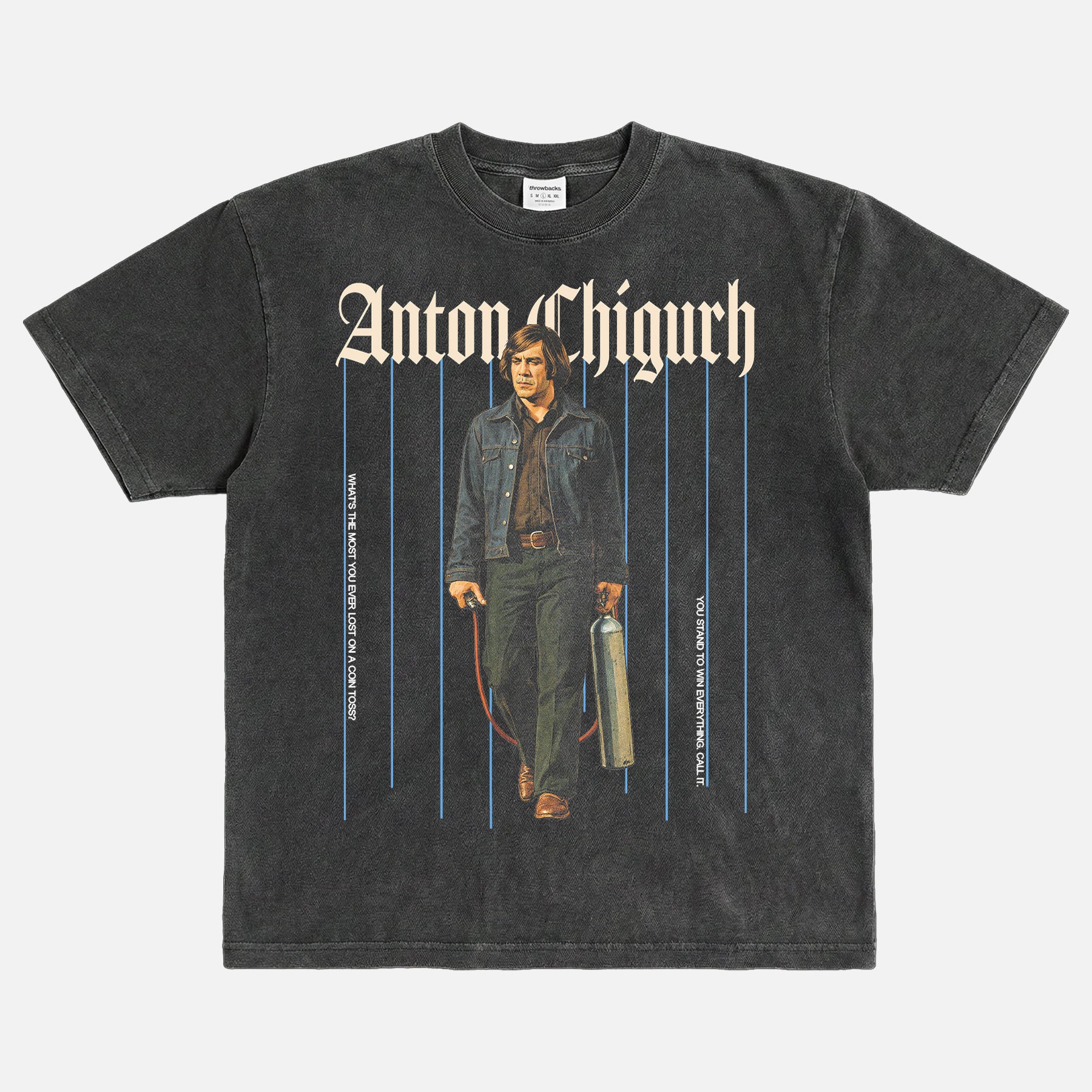 Throwbacks' No Country for old men t-shirt, heavyweight faded black anton chigurh movie villain graphic tee for men and women