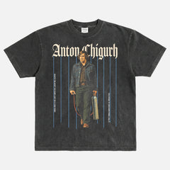Throwbacks' No Country for old men t-shirt, heavyweight faded black anton chigurh movie villain graphic tee for men and women