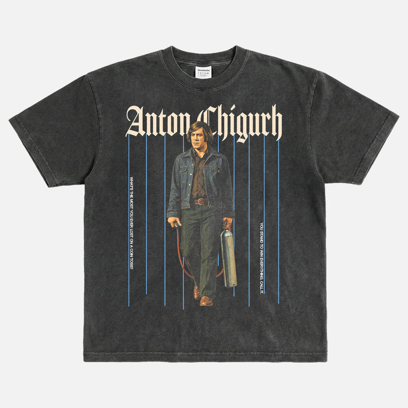 Throwbacks' No Country for old men t-shirt, heavyweight faded black anton chigurh movie villain graphic tee for men and women