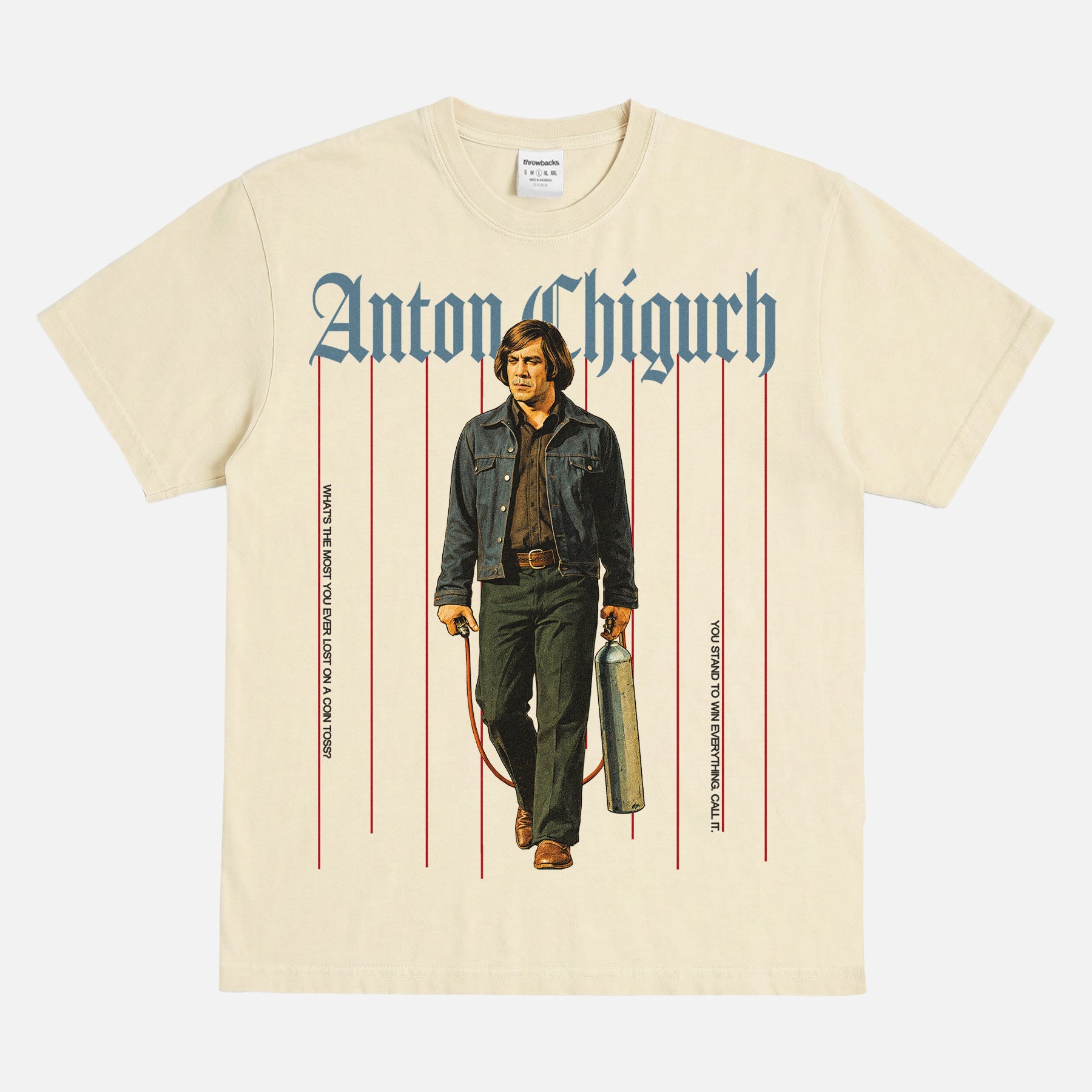 Throwbacks' No Country for old men t-shirt, heavyweight faded cream anton chigurh movie villain graphic tee for men and women