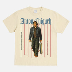 Throwbacks' No Country for old men t-shirt, heavyweight faded cream anton chigurh movie villain graphic tee for men and women
