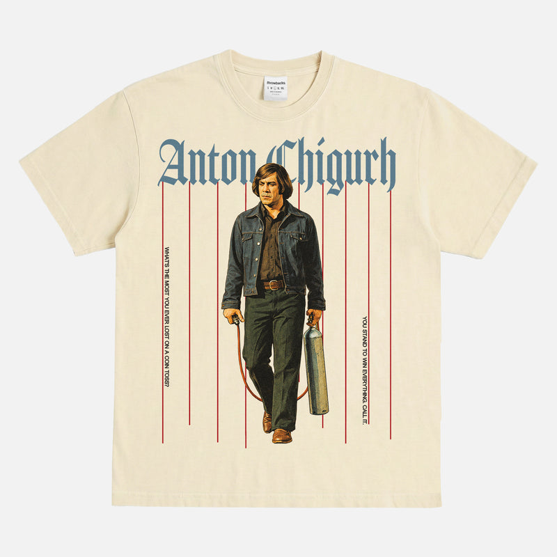 Throwbacks' No Country for old men t-shirt, heavyweight faded cream anton chigurh movie villain graphic tee for men and women