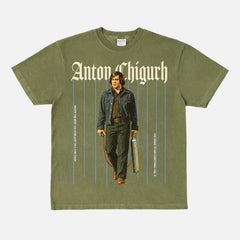 Throwbacks' No Country for old men t-shirt, heavyweight faded green anton chigurh movie villain graphic tee for men and women
