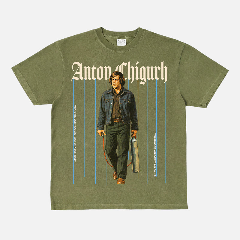 Throwbacks' No Country for old men t-shirt, heavyweight faded green anton chigurh movie villain graphic tee for men and women