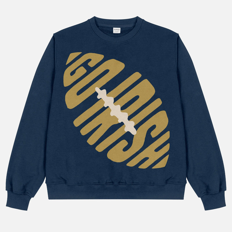Retro Notre Dame fighting irish football sweatshirt, navy heavyweight crewneck with gold Go Irish graphic