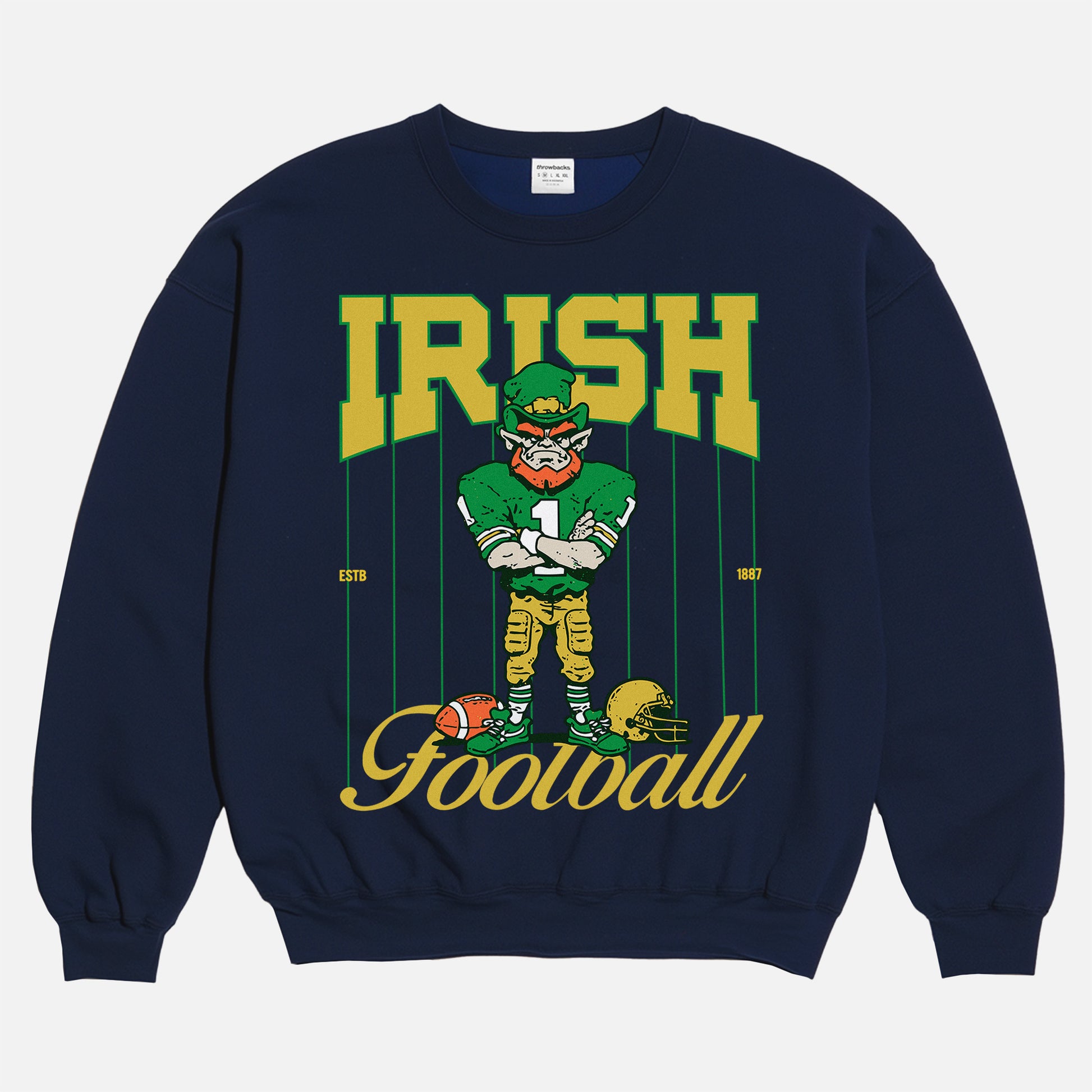Vintage Notre Dame Fighting Irish crewneck with green and gold leprechaun mascot and retro pinstripes on a navy sweatshirt for men and women