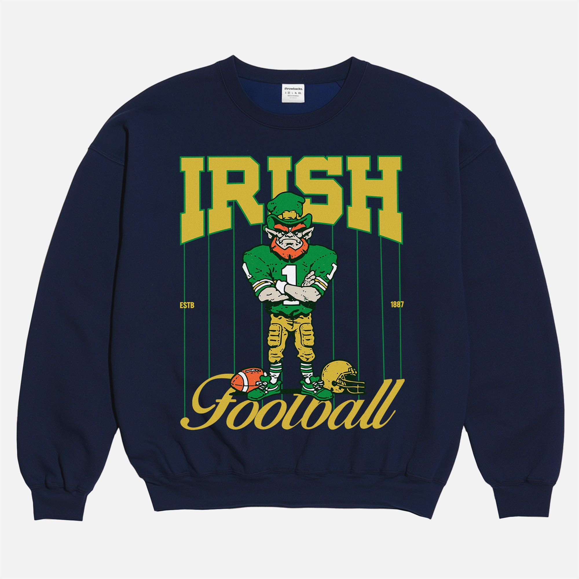 Vintage Notre Dame Fighting Irish crewneck with green and gold leprechaun mascot and retro pinstripes on a navy sweatshirt for men and women