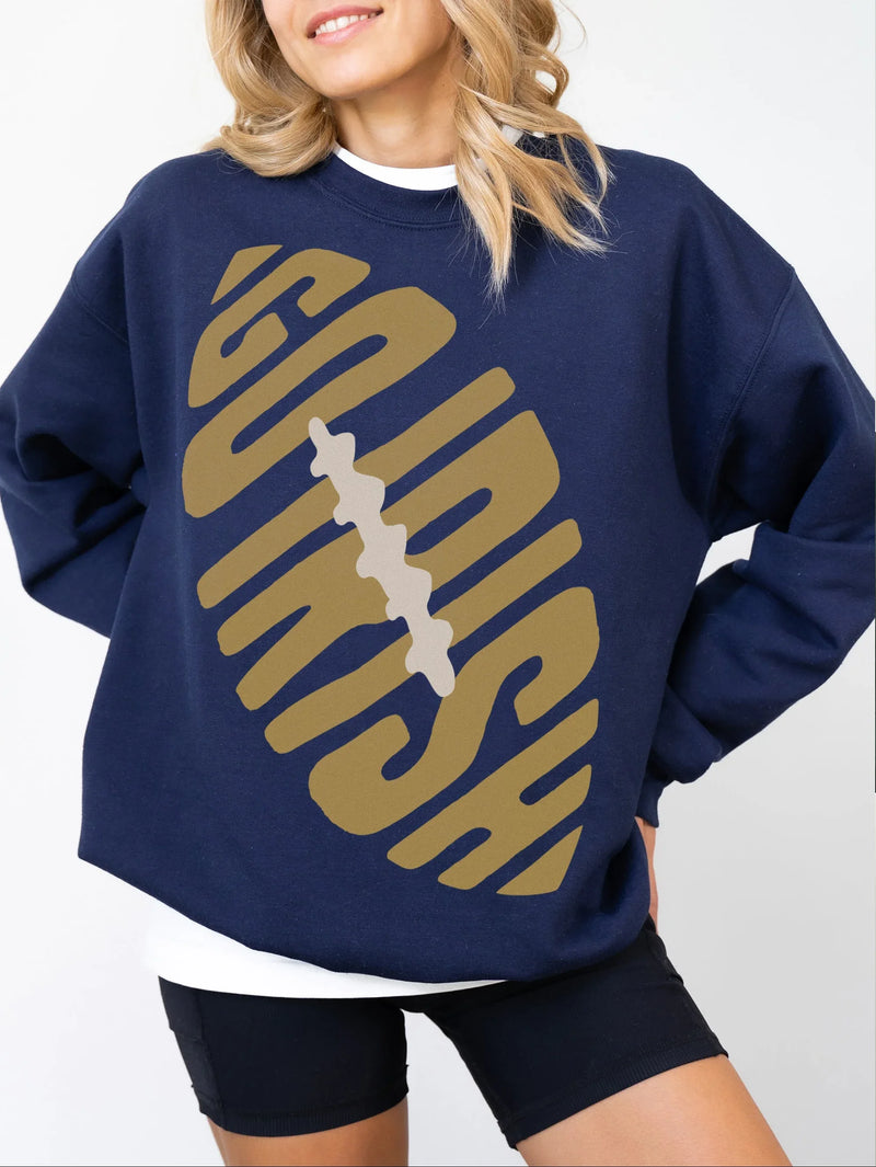 Retro Notre Dame fighting irish football sweatshirt, navy heavyweight crewneck with gold Go Irish graphic