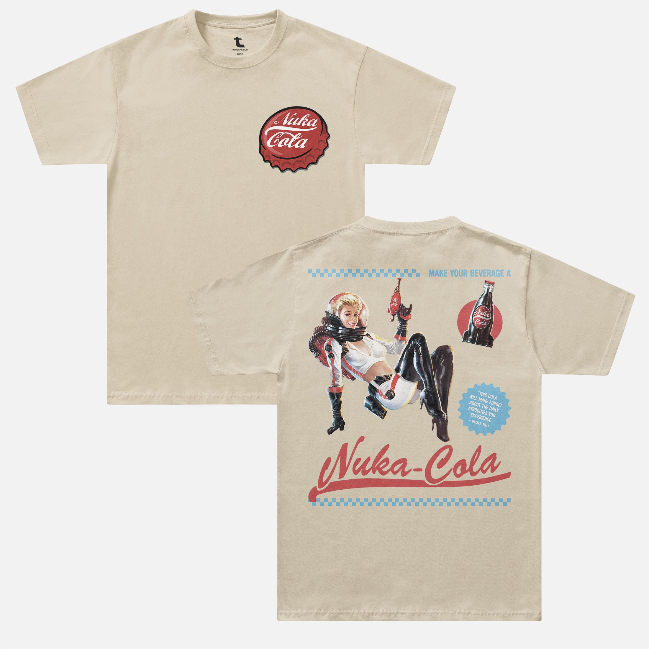 Beige fallout video game tv show graphic tee shirt with Nuka Cola bottle cap logo and retro space girl ad for men and women for sale at Throwbacks