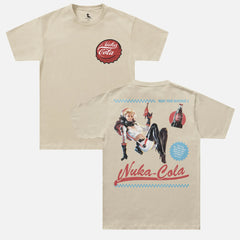 Beige fallout video game tv show graphic tee shirt with Nuka Cola bottle cap logo and retro space girl ad for men and women for sale at Throwbacks