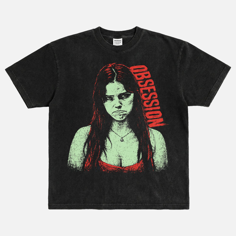 Distressed black Obsession 2026 movie bootleg graphic tee shirt with Nikki frowning