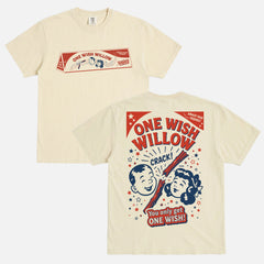 2026 Obsession horror movie graphic t-shirt with vintage one wish willow logo and front and back print on a unisex off white comfort colors shirt for sale at Throwbacks