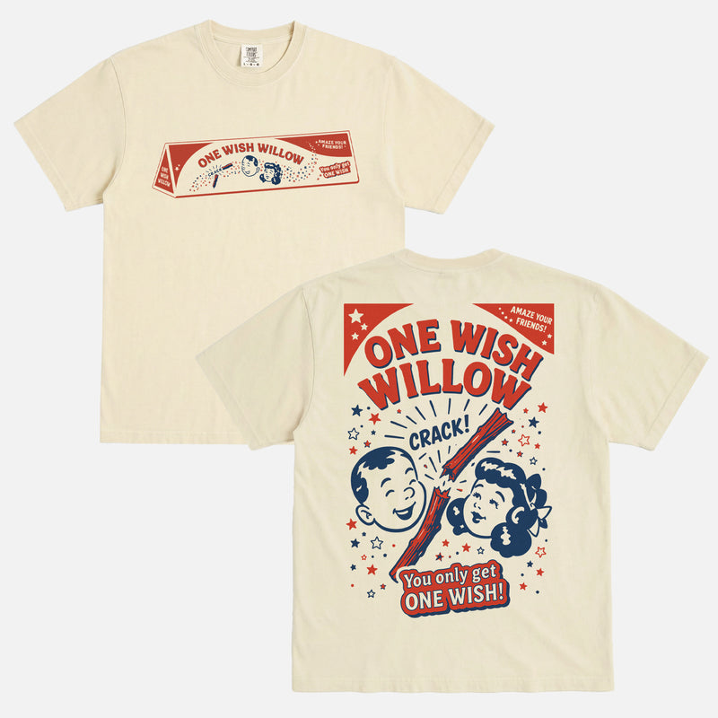 2026 Obsession horror movie graphic t-shirt with vintage one wish willow logo and front and back print on a unisex off white comfort colors shirt for sale at Throwbacks