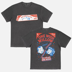 2026 Obsession horror movie graphic t-shirt with vintage one wish willow logo and front and back print on a unisex black comfort colors shirt for sale at Throwbacks